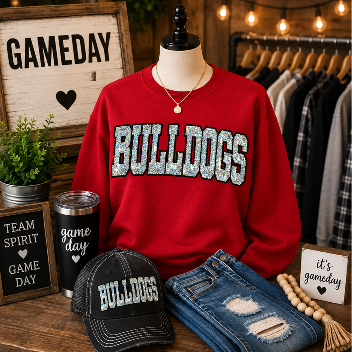 Romeo Bulldogs Silver Sequin Crewneck – Red