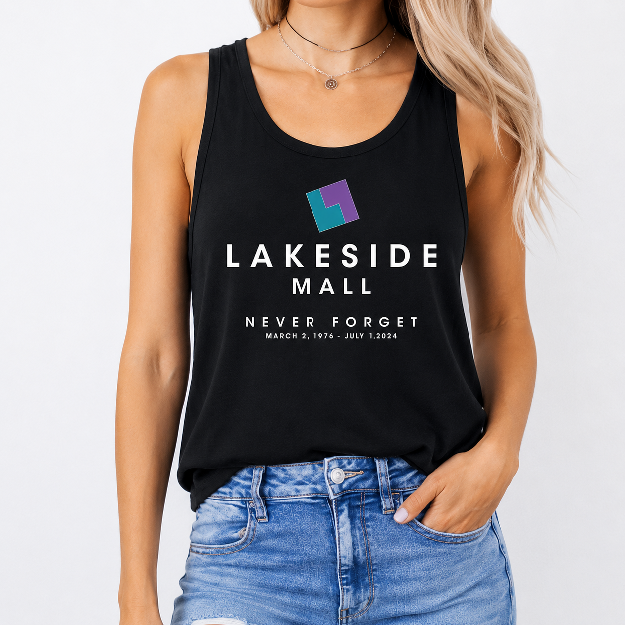 Lakeside Mall "Never Forget" Women's Flowy Racerback Tank – Black
