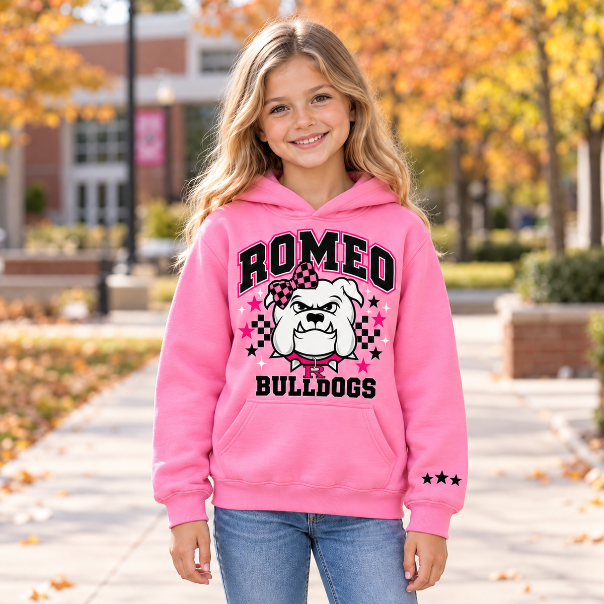 Romeo Bulldogs Pink Bow Hoodie– Adult & Youth